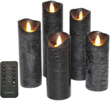 Flameless Candles Halloween LED Candles Flickering Light Pillar Real Smooth Wax with Timer and 10-Key Remote for Halloween Set of 5 (Black)