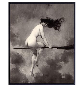 Vintage Goth Home Decor - Nude Naked Witch on Broomstick Wall Art - Creepy Spooky Halloween Gift for Witchcraft, Wicca, Wiccan, Occult Fan - 8x10 Retro Poster Picture Print