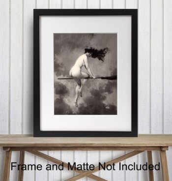 Vintage Goth Home Decor - Nude Naked Witch on Broomstick Wall Art - Creepy Spooky Halloween Gift for Witchcraft, Wicca, Wiccan, Occult Fan - 8x10 Retro Poster Picture Print