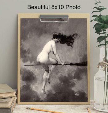 Vintage Goth Home Decor - Nude Naked Witch on Broomstick Wall Art - Creepy Spooky Halloween Gift for Witchcraft, Wicca, Wiccan, Occult Fan - 8x10 Retro Poster Picture Print