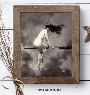 Vintage Goth Home Decor - Nude Naked Witch on Broomstick Wall Art - Creepy Spooky Halloween Gift for Witchcraft, Wicca, Wiccan, Occult Fan - 8x10 Retro Poster Picture Print