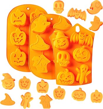 3 Pieces Halloween Molds Nonstick Halloween Silicone Pumpkin Mold Cake Pan Halloween Chocolate Candy Cupcakes Bat Skull Ghost Shape for Kitchen DIY Silicone Baking Mold