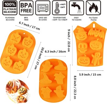 3 Pieces Halloween Molds Nonstick Halloween Silicone Pumpkin Mold Cake Pan Halloween Chocolate Candy Cupcakes Bat Skull Ghost Shape for Kitchen DIY Silicone Baking Mold