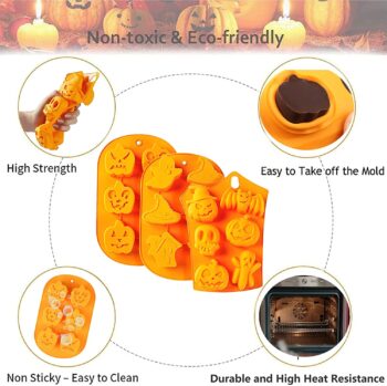 3 Pieces Halloween Molds Nonstick Halloween Silicone Pumpkin Mold Cake Pan Halloween Chocolate Candy Cupcakes Bat Skull Ghost Shape for Kitchen DIY Silicone Baking Mold