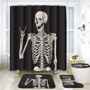 ArtSocket 4 Pcs Shower Curtain Set Skeleton Rock Skull Horror Retro Black Creative with Non-Slip Rugs Toilet Lid Cover and Bath Mat Bathroom Decor Set 72" x 72"