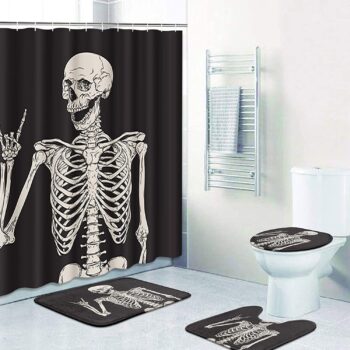 ArtSocket 4 Pcs Shower Curtain Set Skeleton Rock Skull Horror Retro Black Creative with Non-Slip Rugs Toilet Lid Cover and Bath Mat Bathroom Decor Set 72" x 72"