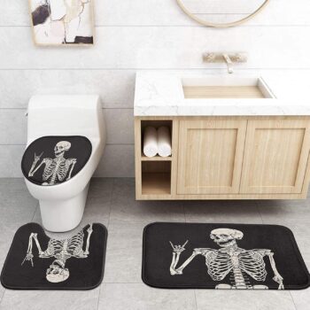 ArtSocket 4 Pcs Shower Curtain Set Skeleton Rock Skull Horror Retro Black Creative with Non-Slip Rugs Toilet Lid Cover and Bath Mat Bathroom Decor Set 72" x 72"