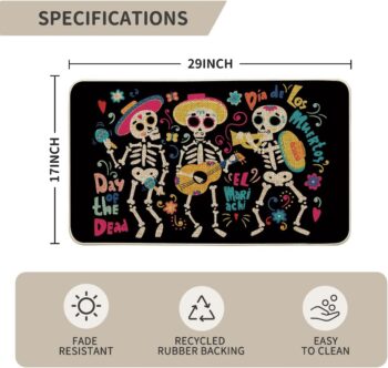 Artoid Mode Dia De Los Muertos Sugar Skull Decorative Doormat Black, Seasonal Fall Day of The Dead in Mexico Halloween Holiday Low-Profile Floor Mat Switch Mat for Indoor Outdoor 17 x 29 Inch