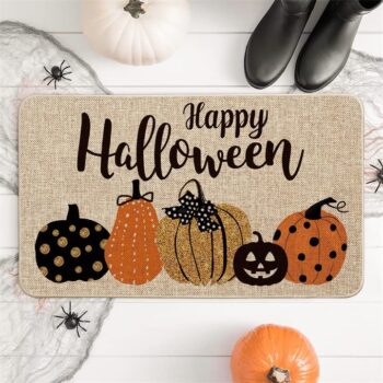 Artoid Mode Happy Halloween Pumpkins Decorative Doormat, Seasonal Fall Halloween Party Low-Profile Floor Mat Switch Mat for Indoor Outdoor 17 x 29 Inch