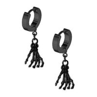 Black Skeleton Hand Dangle Huggie Hoop Earrings - 20 Gauge