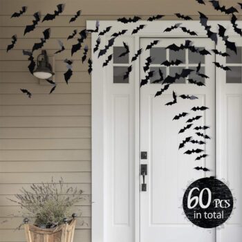 Coogam 60PCS Halloween Bats Decoration, 4 Different Sizes Realistic PVC Black 3D Scary Bat Sticker for Home Decor DIY Wall Decal Bathroom Indoor Hallowmas Party Supplies