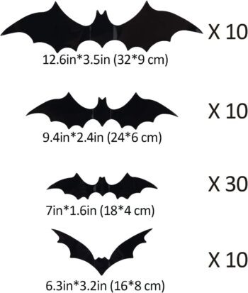 Coogam 60PCS Halloween Bats Decoration, 4 Different Sizes Realistic PVC Black 3D Scary Bat Sticker for Home Decor DIY Wall Decal Bathroom Indoor Hallowmas Party Supplies