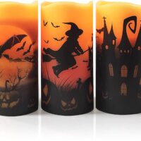 Darnassus Halloween Flameless Candles Real Wax LED Candles Decor Battery Operated with Timer and Bats,Castle,Witch Decal,Set of 3,Warm Light