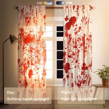 Funnytree Blood Window Curtain Bloody Horror Splatter Splashes Halloween Print Curtains Home Decor Rod Pocket Darkening Drapes for Bedroom Living Room 82 in x 84 in