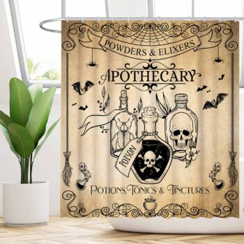 Funnytree Halloween Apothecary Shower Curtain for Bathroom Set Bat Magical Chemistry Witch Wicca Potions Poison Skull Home Bath Bathtub Decor Durable Fabric Machine Washable with 12 Hooks 72"x72"