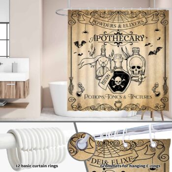 Funnytree Halloween Apothecary Shower Curtain for Bathroom Set Bat Magical Chemistry Witch Wicca Potions Poison Skull Home Bath Bathtub Decor Durable Fabric Machine Washable with 12 Hooks 72"x72"