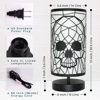 GAVIA Metallic Black Skull Lamp - Gothic Decor - Skull Decor - Gothic Lamp - Goth Room Decor - Skeleton Lamp - Gothic Home Decor - Goth Lamp - Unique Lamps - Gothic Bedroom Decor - Goth Decor