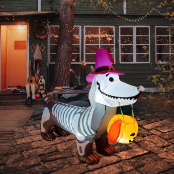 GOOSH 5Ft Halloween Inflatables Outdoor Decorations Skeleton Puppy Inflatable Yard Decoration with Build-in LEDs Blow Up Pumpkin for Halloween Party Indoor Outdoor Yard Garden