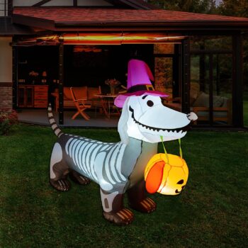 GOOSH 5Ft Halloween Inflatables Outdoor Decorations Skeleton Puppy Inflatable Yard Decoration with Build-in LEDs Blow Up Pumpkin for Halloween Party Indoor Outdoor Yard Garden