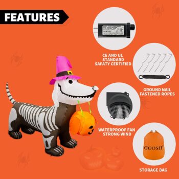 GOOSH 5Ft Halloween Inflatables Outdoor Decorations Skeleton Puppy Inflatable Yard Decoration with Build-in LEDs Blow Up Pumpkin for Halloween Party Indoor Outdoor Yard Garden