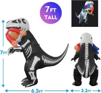 GOOSH 7 FT Height Halloween Inflatables Skeleton Dinosaur T-Rex Biting Person, Blow Up Yard Decoration Clearance with LED Lights Built-in for Holiday/Party/Yard/Garden