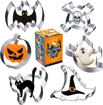 Halloween Cookie Cutters, 6 Pcs Biscuit Molds - Bat, Pumpkin, Ghost, Skull, Ghost Cat and Witch Hat Shapes for Halloween Party Treat, Decoration