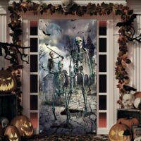 Halloween Door Cover Decorations Large Fabric Skeleton Door Cover Halloween Front Door Covering Scary Skull Backdrop Banner for Halloween Party ,Birthday Decoration(36"x 71")