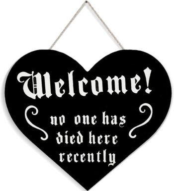 Halloween Door Decorations - Cute Halloween Welcome Sign for Front Door with Rope Hanger - Halloween Signs Wall Horror Decor - Aesthetic Gothic Home Decor - Sturdy Thick Wood Made 9.5'' X 8.5'' X 1''