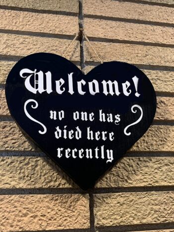 Halloween Door Decorations - Cute Halloween Welcome Sign for Front Door with Rope Hanger - Halloween Signs Wall Horror Decor - Aesthetic Gothic Home Decor - Sturdy Thick Wood Made 9.5'' X 8.5'' X 1''