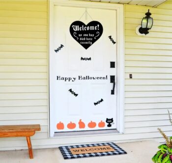 Halloween Door Decorations - Cute Halloween Welcome Sign for Front Door with Rope Hanger - Halloween Signs Wall Horror Decor - Aesthetic Gothic Home Decor - Sturdy Thick Wood Made 9.5'' X 8.5'' X 1''