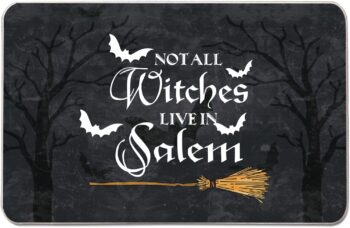 Halloween Door Mat Outdoor Rug Bat Broom Doormat NOT All Witches Live in Salem Rugs Farmhouse Decor Home Kitchen Floor Front Door Mats 17 x 27 Inch