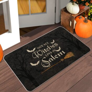 Halloween Door Mat Outdoor Rug Bat Broom Doormat NOT All Witches Live in Salem Rugs Farmhouse Decor Home Kitchen Floor Front Door Mats 17 x 27 Inch