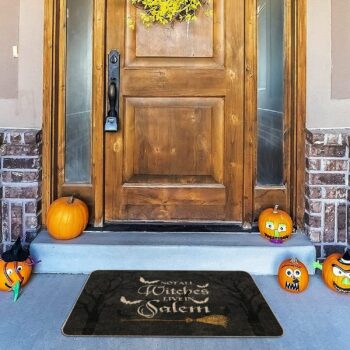 Halloween Door Mat Outdoor Rug Bat Broom Doormat NOT All Witches Live in Salem Rugs Farmhouse Decor Home Kitchen Floor Front Door Mats 17 x 27 Inch