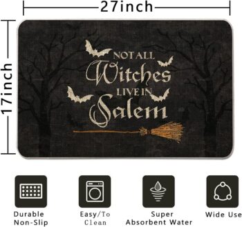 Halloween Door Mat Outdoor Rug Bat Broom Doormat NOT All Witches Live in Salem Rugs Farmhouse Decor Home Kitchen Floor Front Door Mats 17 x 27 Inch