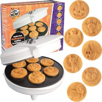 Halloween Mini Waffle Maker - 7 Different Spooky Designs, Make Breakfast Fun This Fall w/ Electric Nonstick Waffler Iron Featuring a Pumpkin Bat Ghost Spider & More, Special Holiday Breakfast for Kids