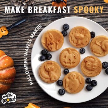 Halloween Mini Waffle Maker - 7 Different Spooky Designs, Make Breakfast Fun This Fall w/ Electric Nonstick Waffler Iron Featuring a Pumpkin Bat Ghost Spider & More, Special Holiday Breakfast for Kids