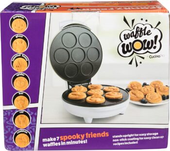 Halloween Mini Waffle Maker - 7 Different Spooky Designs, Make Breakfast Fun This Fall w/ Electric Nonstick Waffler Iron Featuring a Pumpkin Bat Ghost Spider & More, Special Holiday Breakfast for Kids