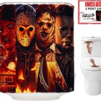 Halloween Shower Curtain Set for Bathroom- Scary Killer Freddy Jason Michael, Horror Movie Themed Holiday Polyester Fabric Decoration with Hooks and Toilet Stickers, Christmas Party Decor 72x72