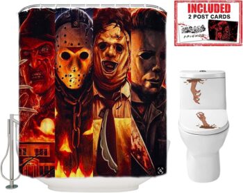 Halloween Shower Curtain Set for Bathroom- Scary Killer Freddy Jason Michael, Horror Movie Themed Holiday Polyester Fabric Decoration with Hooks and Toilet Stickers, Christmas Party Decor 72x72