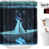 Halloween Shower Curtain Set for Bathroom- IT Pennywise The Clown Scary Killer , Horror Movie Themed Holiday Polyester Decoration with Hooks and Toilet Stickers, 2 Postcards, Party Decor Gift 72x72