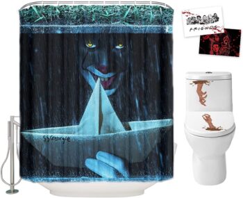 Halloween Shower Curtain Set for Bathroom- IT Pennywise The Clown Scary Killer , Horror Movie Themed Holiday Polyester Decoration with Hooks and Toilet Stickers, 2 Postcards, Party Decor Gift 72x72