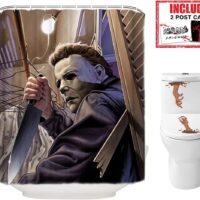 Halloween Shower Curtain Set for Bathroom- Scary Evil Killer Michael Myers, Horror Movie Themed Holiday Polyester Fabric Decoration with Hooks and Toilet Stickers, Christmas Party Decor 72x72