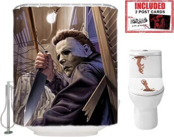 Halloween Shower Curtain Set for Bathroom- Scary Evil Killer Michael Myers, Horror Movie Themed Holiday Polyester Fabric Decoration with Hooks and Toilet Stickers, Christmas Party Decor 72x72