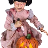 Haunted Hill Farm Lunging Pumpkin Carver Girl with Lights by Tekky | Talking Animated Halloween Decorations | Battery Operated Animatronics | Festive Holiday Decor | HHPMPCVR-FLSA, Multicolor