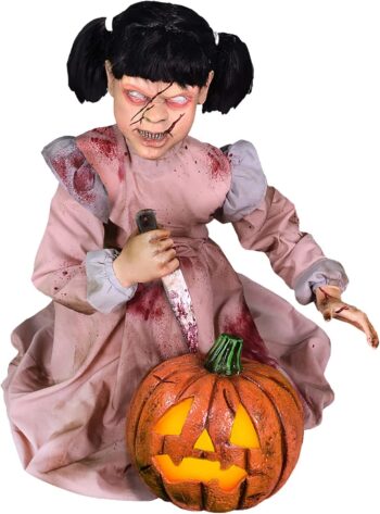 Haunted Hill Farm Lunging Pumpkin Carver Girl with Lights by Tekky | Talking Animated Halloween Decorations | Battery Operated Animatronics | Festive Holiday Decor | HHPMPCVR-FLSA, Multicolor