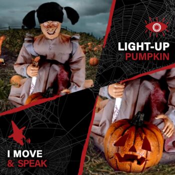 Haunted Hill Farm Lunging Pumpkin Carver Girl with Lights by Tekky | Talking Animated Halloween Decorations | Battery Operated Animatronics | Festive Holiday Decor | HHPMPCVR-FLSA, Multicolor