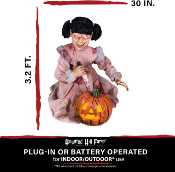 Haunted Hill Farm Lunging Pumpkin Carver Girl with Lights by Tekky | Talking Animated Halloween Decorations | Battery Operated Animatronics | Festive Holiday Decor | HHPMPCVR-FLSA, Multicolor