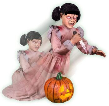 Haunted Hill Farm Lunging Pumpkin Carver Girl with Lights by Tekky | Talking Animated Halloween Decorations | Battery Operated Animatronics | Festive Holiday Decor | HHPMPCVR-FLSA, Multicolor