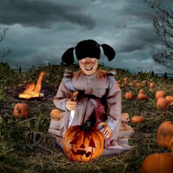 Haunted Hill Farm Lunging Pumpkin Carver Girl with Lights by Tekky | Talking Animated Halloween Decorations | Battery Operated Animatronics | Festive Holiday Decor | HHPMPCVR-FLSA, Multicolor