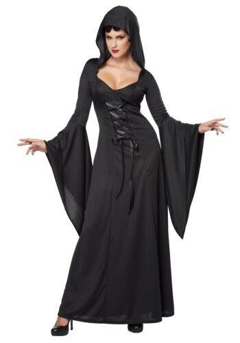 Hooded Black Lace Up Robe Costume for Women